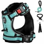 FURRYFECTION Plaid Dog Harness for Medium Dogs, Reflective No Pull Adjustable Pet Vest with Front Clip, Leash, Easy Control Handle and Seat Belt, Turquoise, M