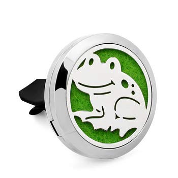 (Frog) 30mm Car Aromatherapy Essential Oil Diffuser Stainless Steel Locket Air Freshener with Vent Clip 7 Pads 1 Oil Included