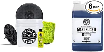 Chemical Guys CWS_1010BK Car Wash Detailing Bucket, Mitt & Accessories Bundle (6 Items) Featuring Maxi-Suds II Foaming Car Wash Soap, 128 oz (1 Gal), Grape Scent - Works on Cars, Trucks, SUVs, & More