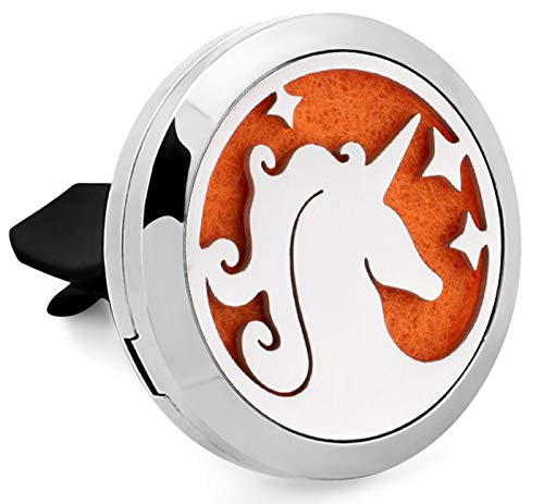 Regular Size (Unicorn) 30mm Car Aromatherapy Essential Oil Diffuser Stainless Steel Locket Air Freshener with Vent Clip 7 Pads 1 Oi Included