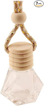 7Pcs 8ml Hanging Car Air Freshener Perfume Bottle, Refillable Aromatherapy Fragrance Clear Empty Essential Oil Diffuser Perfume Pendant Auto Ornaments Decor Accessories with Wooden Caps