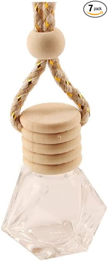 7Pcs 8ml Hanging Car Air Freshener Perfume Bottle, Refillable Aromatherapy Fragrance Clear Empty Essential Oil Diffuser Perfume Pendant Auto Ornaments Decor Accessories with Wooden Caps