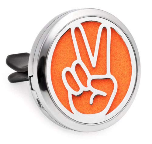 (Peace Hand) Victory 30mm Car Aromatherapy Essential Oil Diffuser Stainless Steel Locket Air Freshener with Vent Clip 7 Pads 1 Oil Included