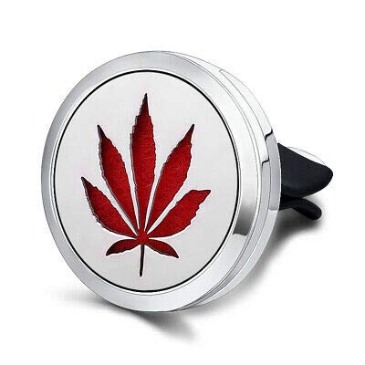 Regular Size (Hemp Leaf) 30mm Car Aromatherapy Essential Oil Diffuser Stainless Steel Locket Air Freshener with Vent Clip 7 Pads 1 Oil Included