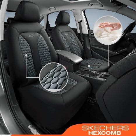Skechers Memory Foam™ Car Seat Covers, Hexcomb Breathable Thick Seat Covers Two Front Seat Covers, Airbag Compatible, Automotive Comfort & Protection for Most Cars,Van,Trucks, SUVs (Grey)