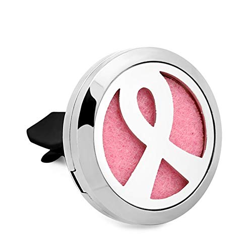 (Breast Cancer) 30mm Car Aromatherapy Essential Oil Diffuse Stainless Steel Locket Air Freshener with Vent Clip 7 Pads 1 Oil Included
