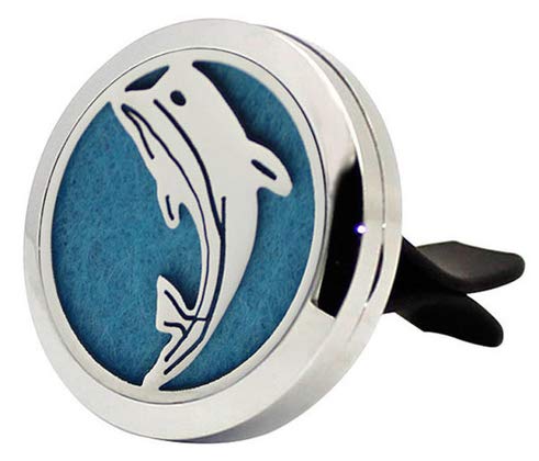 Regular Size (Dolphin) 30mm Car Aromatherapy Essential Oil Diffuser Stainless Steel Locket Air Freshener with Vent Clip 7 Pads 1 Oil1 Included
