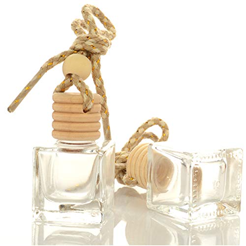 4Pcs/Pack,10ml Car Hanging Perfume Air Freshener Diffuser,Refillable Essential Oil Pendant Perfume Vials,Thick Square Clear Glass Container With Wooden Caps & Hanging String,FREE Funnel,Dropper