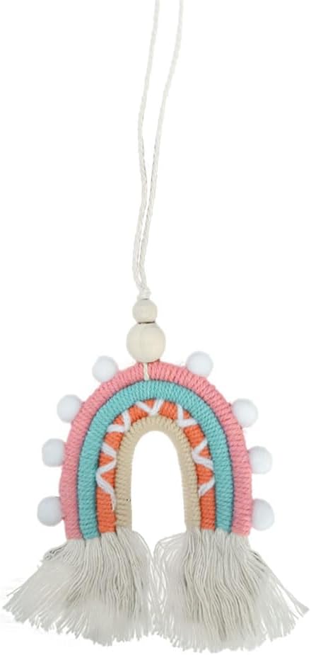 Boho Macrame Rainbow Car Charm, Handmade Car Rear View Mirror Charm, Car Air Freshener Decoration Pendant, Car Mirror Hanging Accessories, Essential Oil Diffuser for Car Interior (Style Three)