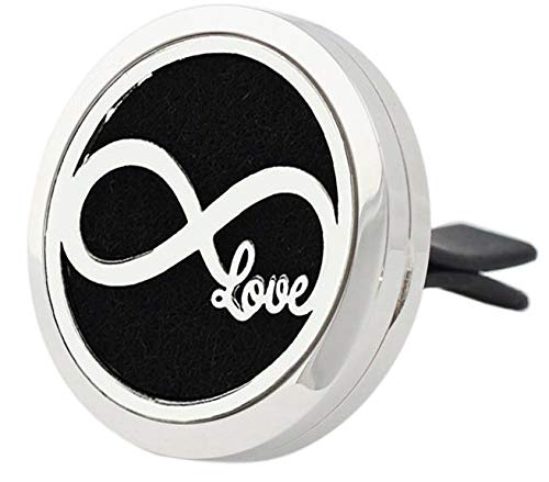 (Infinite Love) 30mm Car Aromatherapy Essential Oil Diffuser Stainless Steel Locket Air Freshener with Vent Clip 7 Pads 1 Oil Included