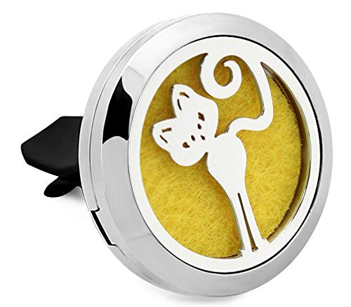 Regular Size (Skinny Kitty) 30mm Car Aromatherapy Essential Oil Diffuser Stainless Steel Locket Air Freshener with Vent Clip 7 Pads 1 Oil Included