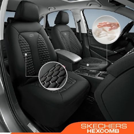 Skechers Memory Foam™ Car Seat Covers, Hexcomb Breathable Thick Seat Covers Black Two Front Seat Covers, Airbag Compatible, Automotive Comfort & Protection for Most Cars,Van,Trucks, SUVs (Black)