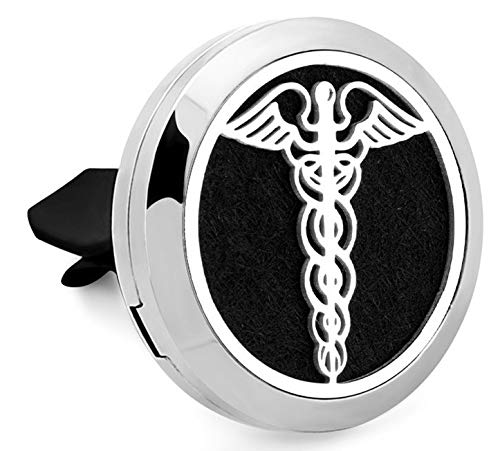 Regular Size (Medical) 30mm Car Aromatherapy Essential Oil Diffuser Stainless Steel Locket Air Freshener with Vent Clip 7 Pads 1 Oil Included