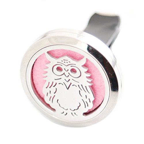 Regular Size (Owl II) 30mm Car Aromatherapy Essential Oil Diffuse Stainless Steel Locket Air Freshener with Vent Clip 7 Pads 1 Oil..