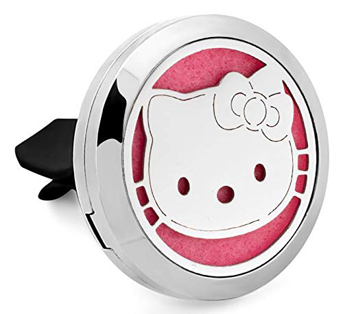 Regular Size (Kitty) 30mm Car Aromatherapy Essential Oil Diffuser Stainless Steel Locket Air Freshener with Vent Clip 7 Pads 1 Oil Included