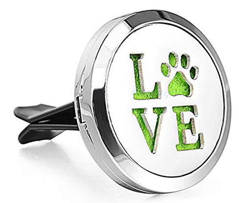 (Love Paw) 30mm Car Aromatherapy Essential Oil Diffuser Stainless Steel Locket Air Freshener with Vent Clip 7 Pads 1 Oil Included