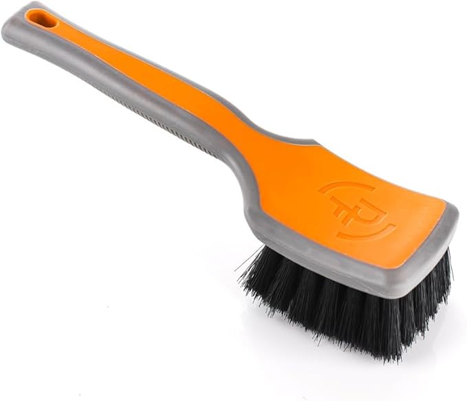 Detail Factory - ProGrip XL Tire Brush - Ergonomic ProGrip Handle, Stiff Synthetic Bristles, Ergonomic Design, Efficient Tire Brushes for Cleaning Tires - Solar Flare
