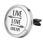 Regular Size (Live Love Dream) 30mm Car Aromatherapy Essential Oil Diffuse Stainless Steel Locket Air Freshener with Vent Clip 7 Pads 1 Oil..
