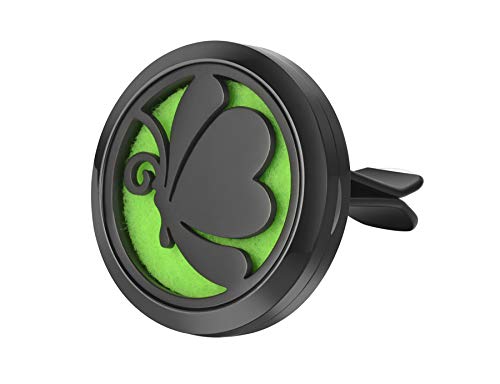 (Black Butterfly) 30mm Car Aromatherapy Essential Oil Diffuser Stainless Steel Locket Air Freshener with Vent Clip 7 Pads 1 Oil Included