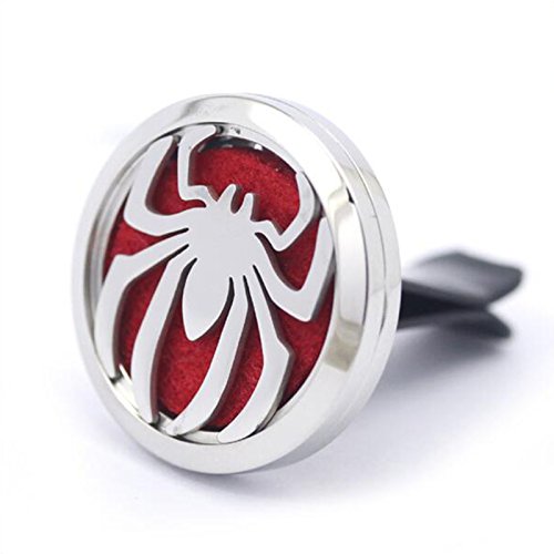 (Spider) 30mm Car Aromatherapy Essential Oil Diffuse Stainless Steel Locket Air Freshener with Vent Clip 7 Pads 1 Oil Included
