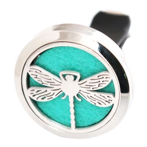(Dragon Fly) 30mm Car Aromatherapy Essential Oil Diffuse Stainless Steel Locket Air Freshener with Vent Clip 7 Pads 1 Oil Included
