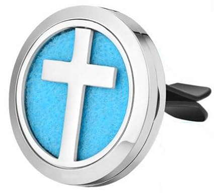 (Cross) 30mm Car Aromatherapy Essential Oil Diffuser Stainless Steel Locket Air Freshener with Vent Clip 7 Pads 1 Oil Included