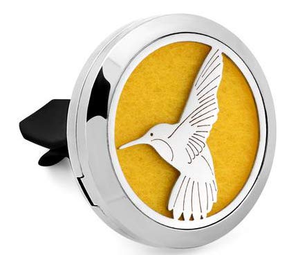(Humming Bird) 30mm Car Aromatherapy Essential Oil Diffuser Stainless Steel Locket Air Freshener with Vent Clip 7 Pads 1 Oil Included