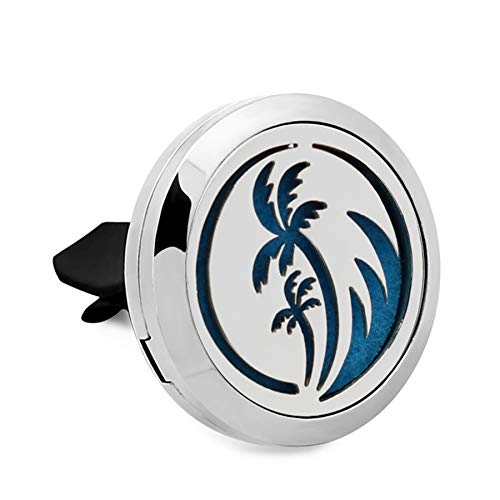 Regular Size (Palm Tree) 30mm Car Aromatherapy Essential Oil Diffuser Stainless Steel Locket Air Freshener with Vent Clip 7 Pads 1 Oil Included