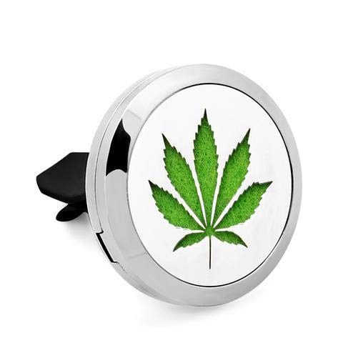 Regular Size (Hemp Leaf) 30mm Car Aromatherapy Essential Oil Diffuser Stainless Steel Locket Air Freshener with Vent Clip 7 Pads 1 Oil Included