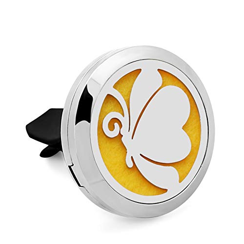 (Butterfly) 30mm Car Aromatherapy Essential Oil Diffuser Stainless Steel Locket Air Freshener with Vent Clip 7 Pads 1 Oil Included