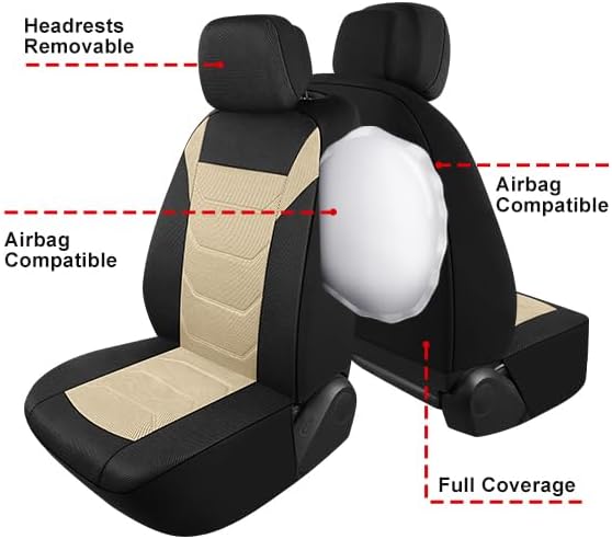 3D Air Mesh Car Seat Cover Full Sets Washable and Breathable Premium Cloth Automotive Vehicle Seat Covers for Cars Interior, Universal Fit for Most Cars, Sedan, Truck, SUV(Black/Beige)