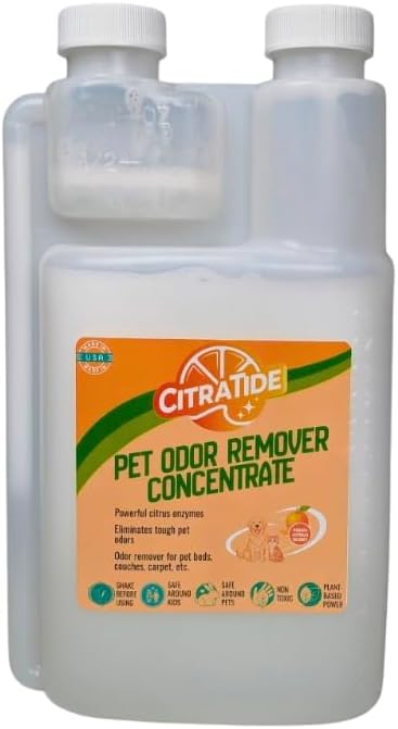 Pet Odor Eliminator Concentrate (Refills 4 x 32oz when mixed) – Dog & Cat Urine, Carpet Stains and Smells – Citrus Cleaner – Non-Toxic, Plant-Based Odor Neutralizer for Pet Beds, Carpets & Couches