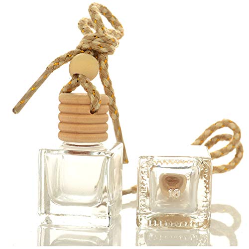 4Pcs/Pack,10ml Car Hanging Perfume Air Freshener Diffuser,Refillable Essential Oil Pendant Perfume Vials,Thick Square Clear Glass Container With Wooden Caps & Hanging String,FREE Funnel,Dropper