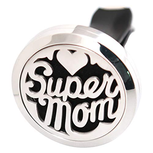 Regular Size (Super Mom) 30mm Car Aromatherapy Essential Oil Diffuse Stainless Steel Locket Air Freshener with Vent Clip 7 Pads 1 Oil.