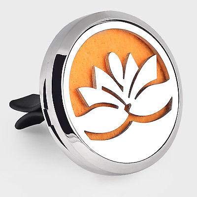 (Lotus Petal) 30mm Car Aromatherapy Essential Oil Diffuser Stainless Steel Locket Air Freshener with Vent Clip 7 Pads 1 Oil Included