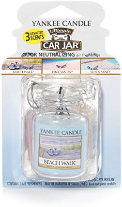 Yankee Candle Hanging Car Jar Ultimate 3-Pack Air Fresheners Neutralizes Odors Up to 30 Days Includes: Beach Walk Pink Sands and Sun and Sand (Pack of 3)