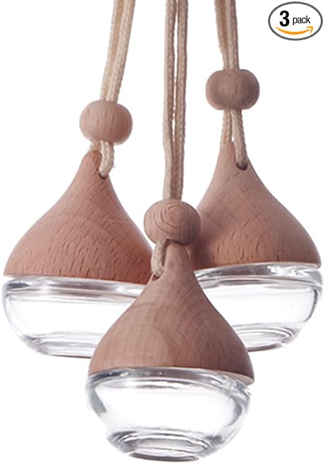 3 Pcs Hanging Car Air Freshener Diffuser Bottles – 6ml Refillable Essential Oil Aromatherapy Perfume Pendant, Clear Empty Glass with Wooden Cap & String for Vehicle Decoration