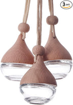 3 Pcs Hanging Car Air Freshener Diffuser Bottles – 6ml Refillable Essential Oil Aromatherapy Perfume Pendant, Clear Empty Glass with Wooden Cap & String for Vehicle Decoration