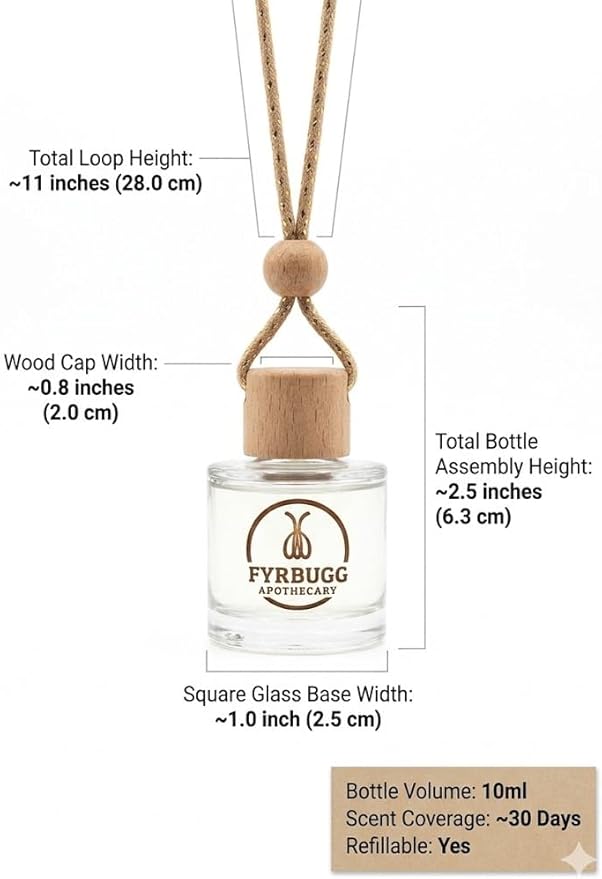Hanging Car Air Diffuser - Glass and Wood Essential Oil Car Air Freshener - Long Lasting Rearview Mirror Scent - FyrBugg Apothecary, LLC - 10ml (Amber)
