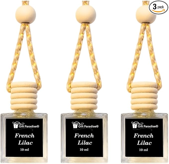 Gift Paradise® French Lilac Car Air Freshener Set of 3 (10 ml Each), Hanging Diffuser with Wooden Lid, Clean Floral Spring Scent for Car Mirror, Home & Closet