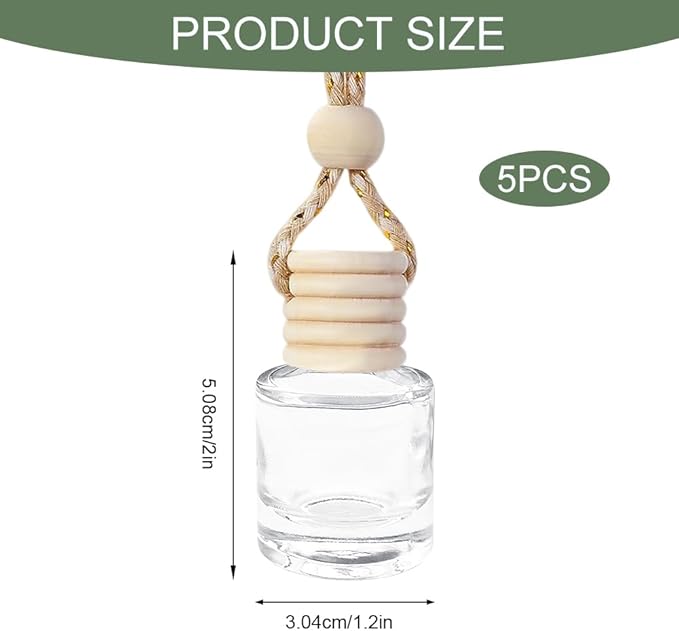 5PCS Hanging Car Air Freshener, Car Air Freshener Diffuser, 8ml Hanging Essential Oil Diffuser Bottle, Auto Interior Cute Glass Empty Perfume Bottle Ornament for Most Vehicles (Cylindrical)
