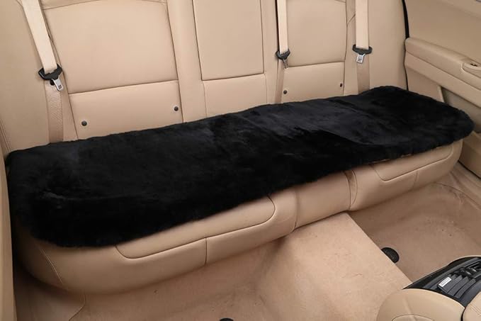 OGLAND Fluffy Genuine Australia Sheepskin Car Seat Cover for Auto Interior Accessories with Soft Fuzzy Wool Eco-Friendly Natural Fur Non-Slip (Black, Back)
