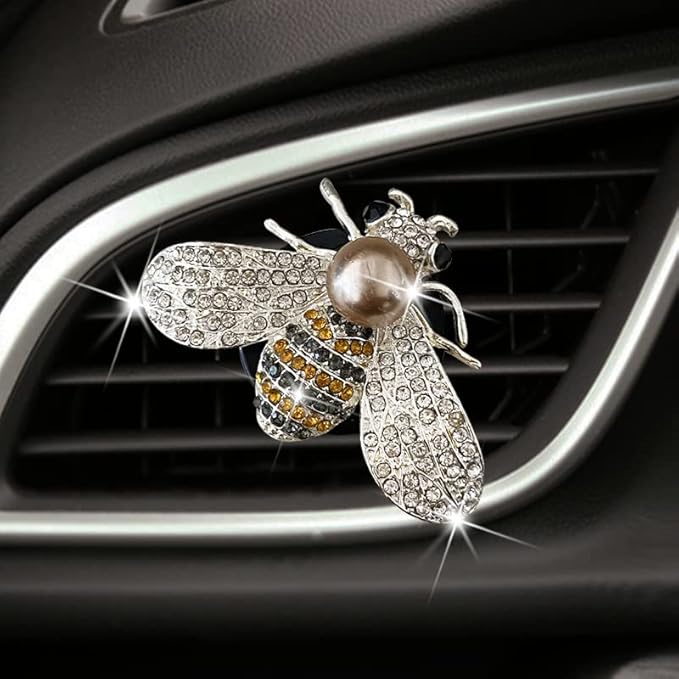 Shiny Bee Car Air Freshener Dashboard Outlet Vent Clips，Pearl Diamond Bee Car Perfume Car Air Conditioner Air Outlet Decoration Aromatherapy Clip，cute Bling Bee Charms Rhinestone Auto Interior Decorations Accessory (Silver)