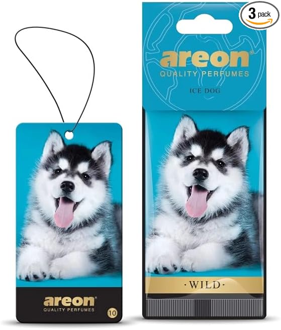 AREON WILD - Hanging Custom Cute Funny Car Air Freshener for Home & Office - Premium Cologne Perfume with Natural Fragrances - Long Lasting, Fresh, Luxurious Scent - Stylish Design - Ice Dog