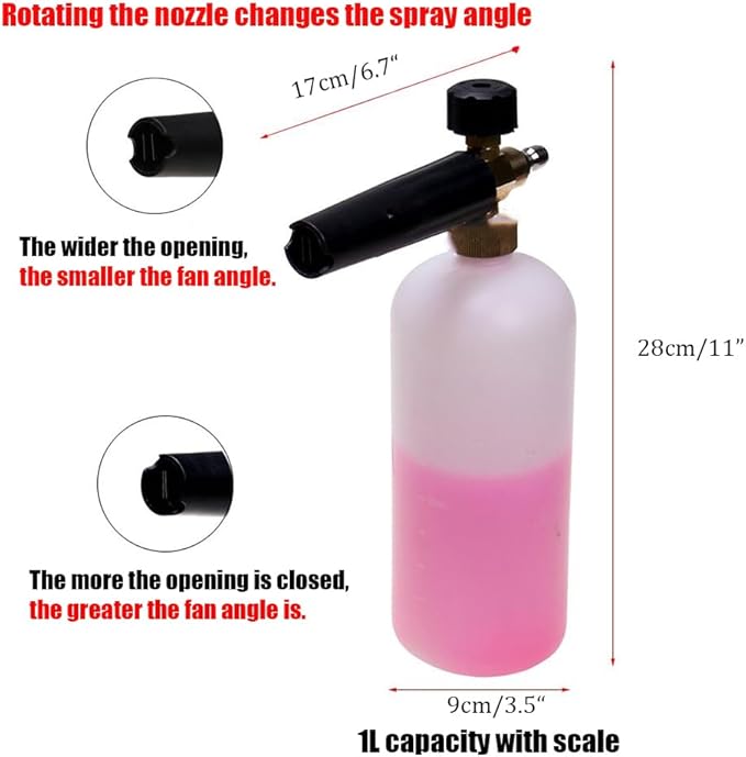Foam Cannon, 1L Adjustable Snow Foam Lance with 1/4 Inch Quick Connector Power Washer Foam Cannon for Pressure Washer