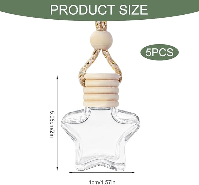 5PCS Hanging Car Air Freshener, Car Air Freshener Diffuser, 8ml Hanging Essential Oil Diffuser Bottle, Auto Interior Cute Glass Empty Perfume Bottle Ornament for Most Vehicles (Star)