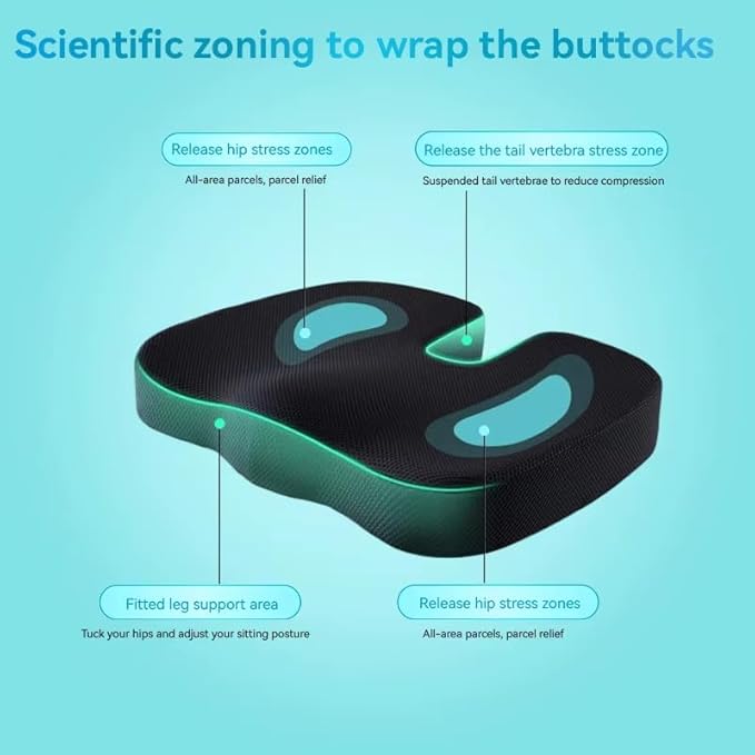 Seat Cushion – Memory Foam, Non-Slip Orthopedic Coccyx Support for Office Chairs, Car Seats & Home, Ergonomic Tailbone, Sciatica & Lower Back Pain Relief