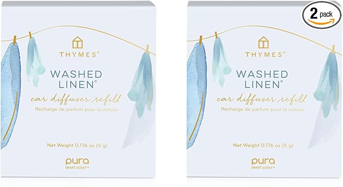Thymes Pura Car Diffuser Refills – 2 Pack of Vehicle Air Fresheners – Air Freshener Car Accessories for Women & Men – Notes of Cedar Wood, Lavender & White Pepper (Washed Linen, Pack of 2)