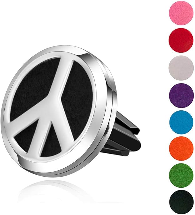 Wild Essentials Peace Sign Essential Oil Car Vent Diffuser Kit, Lavender, Lemongrass, Peppermint, Orange Oils, Stainless Steel Locket Pendant, 8 Refill Pads, Customizable Color Changing Air Freshener