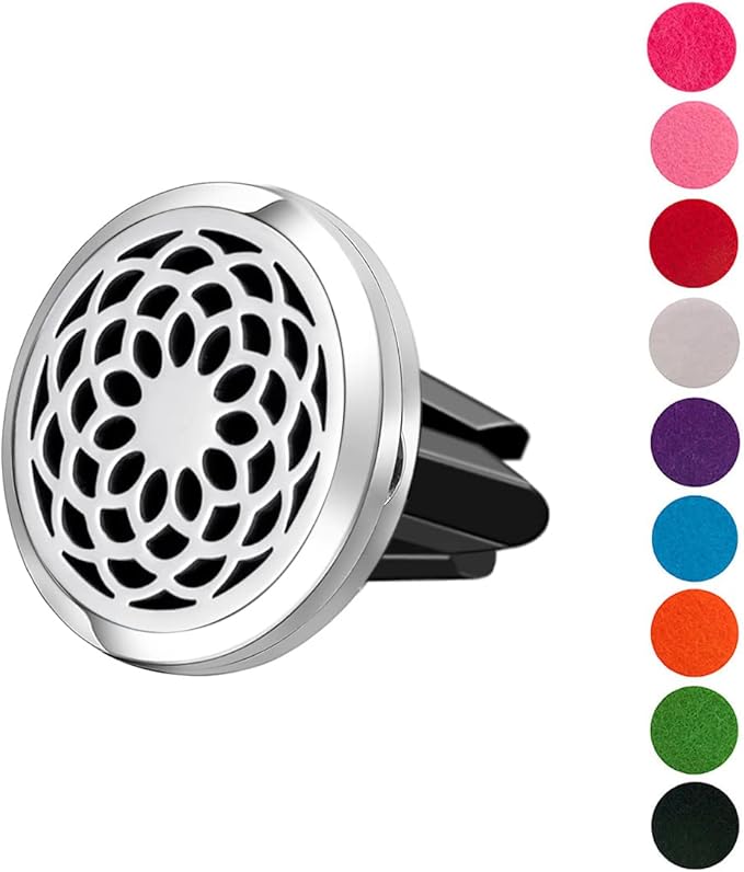 Wild Essentials Sunflower Mandala Essential Oil Car Vent Diffuser, Stainless Steel Locket Pendant with 8 Color Refill Pads, Customizable Color Changing Air Freshener for Aromatherapy